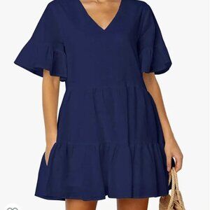 Women FANCYINN Ruffle Sleeve V Neck Shift Dress in Navy Blue Size Small